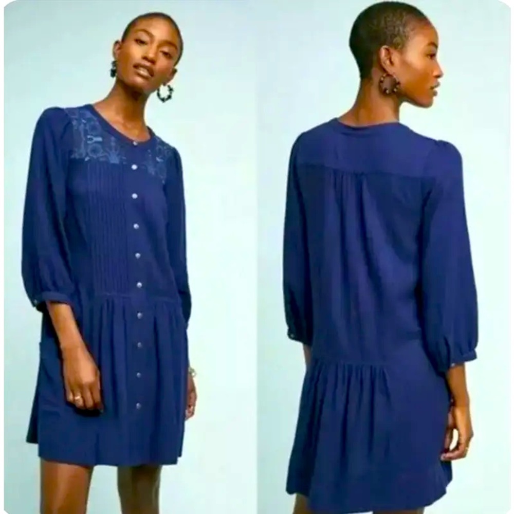 Anthropologie Dubois Blue Embroidered Long Sleeve Tunic Pocket Dress Size 10